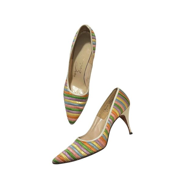 Vintage 1950s David Evins Rainbow Striped Pumps 50s 60s Heels Size 7 AAAA Narrow - Picture 3 of 13